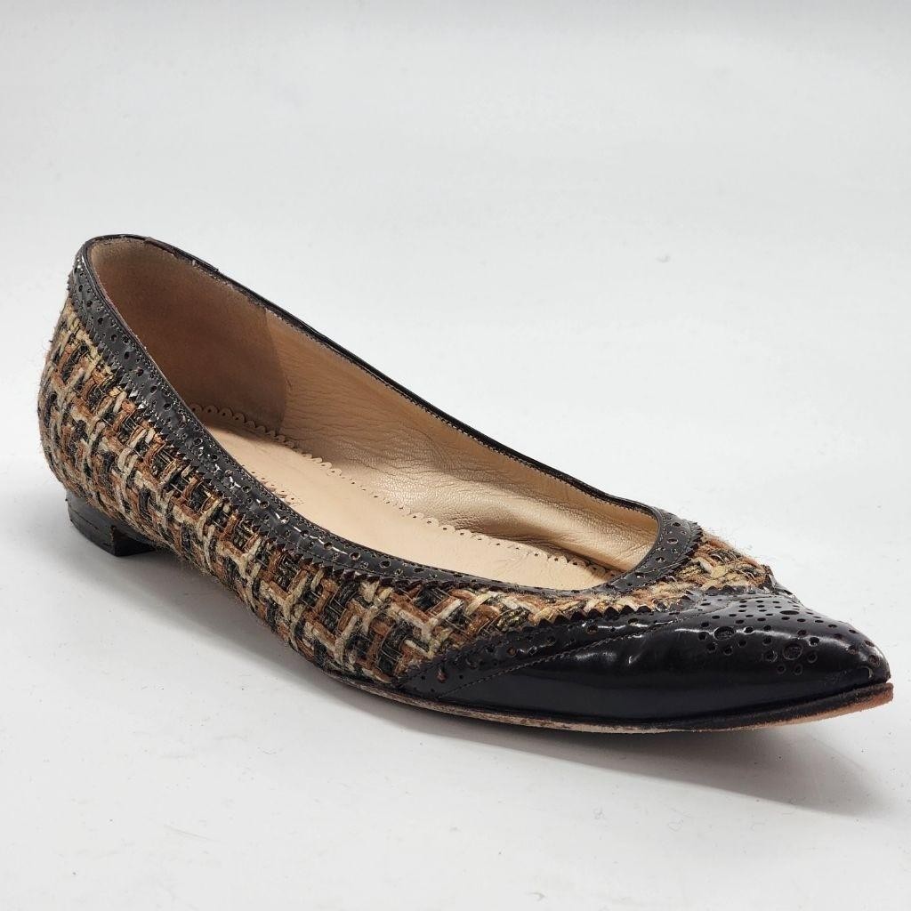 OSCAR DE LA RENTA Brown Black Tweed Pointed Toe Flats Size 7