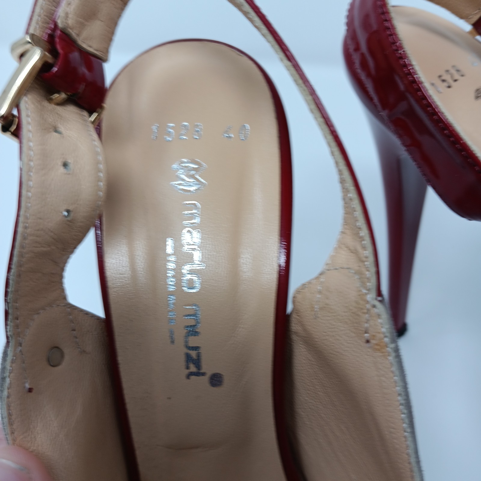Mario Muzi Suede Red Patent Platform Slingback Peep Toe 5in Heels EU 40 US 9 9.5
