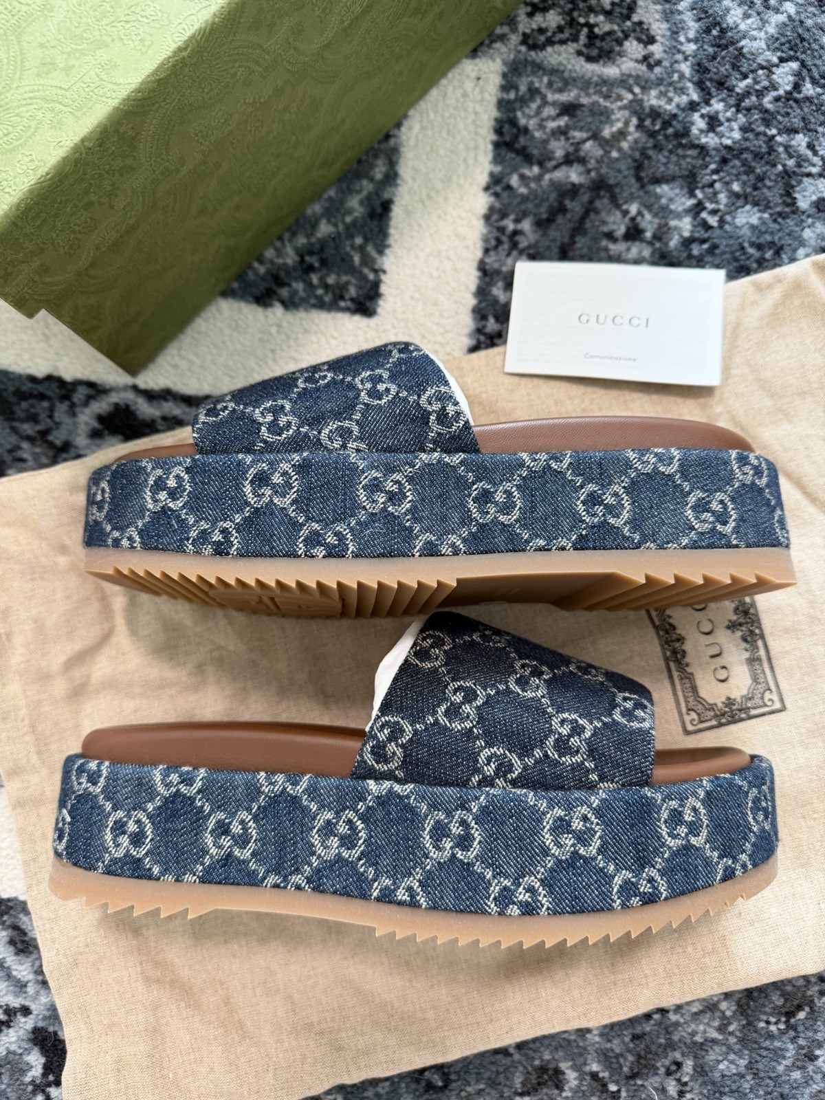 New!!! Gucci New Denim GG Monogram Angelina Platform 55mm Slide Sandals 37.5