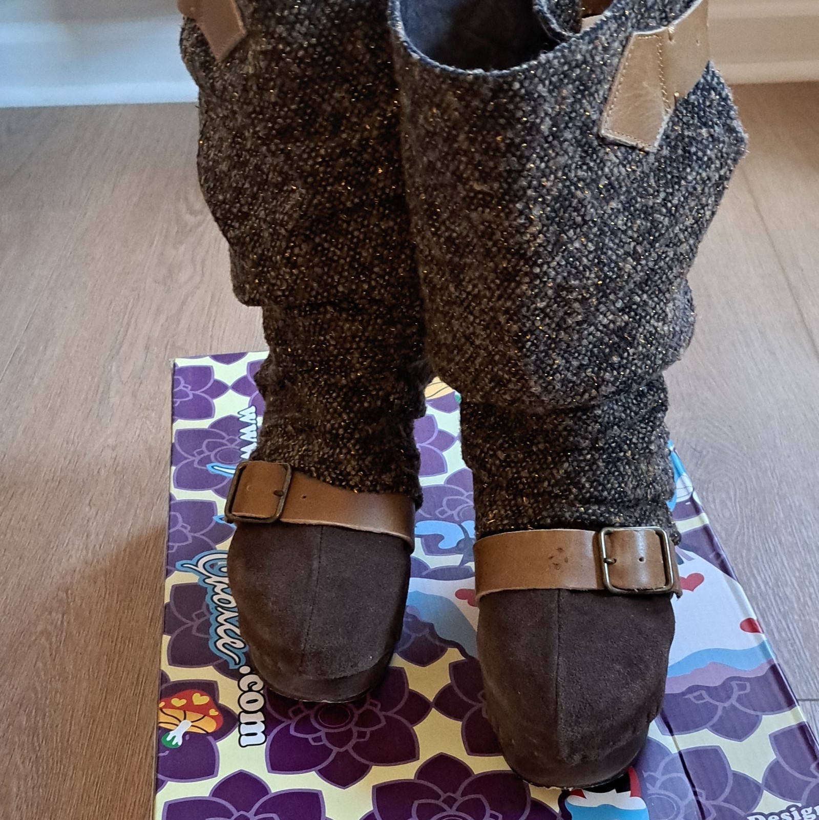 Irregular Choice Longer Lashes Brown Tweed Buckle Mid-Calf Boots US 7 EU40