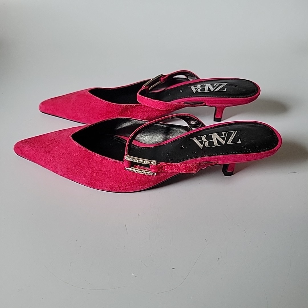 Zara Kitten Heel Point Toe Mules 7 Fuschia Pink Suede Chic Effortless Feminine