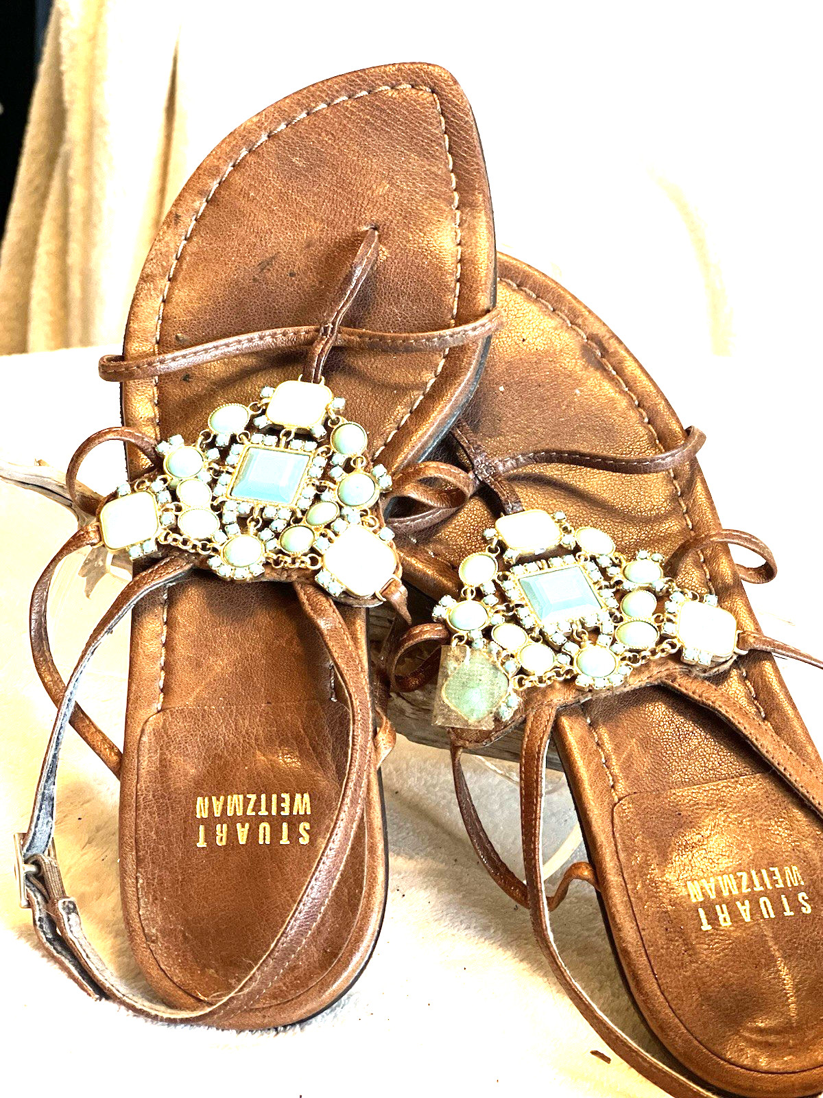 STUART WEITZMAN TURQUOISE JEWELED FLAT SANDALS 8.5 STRAPPY HIGH END DESIGNER