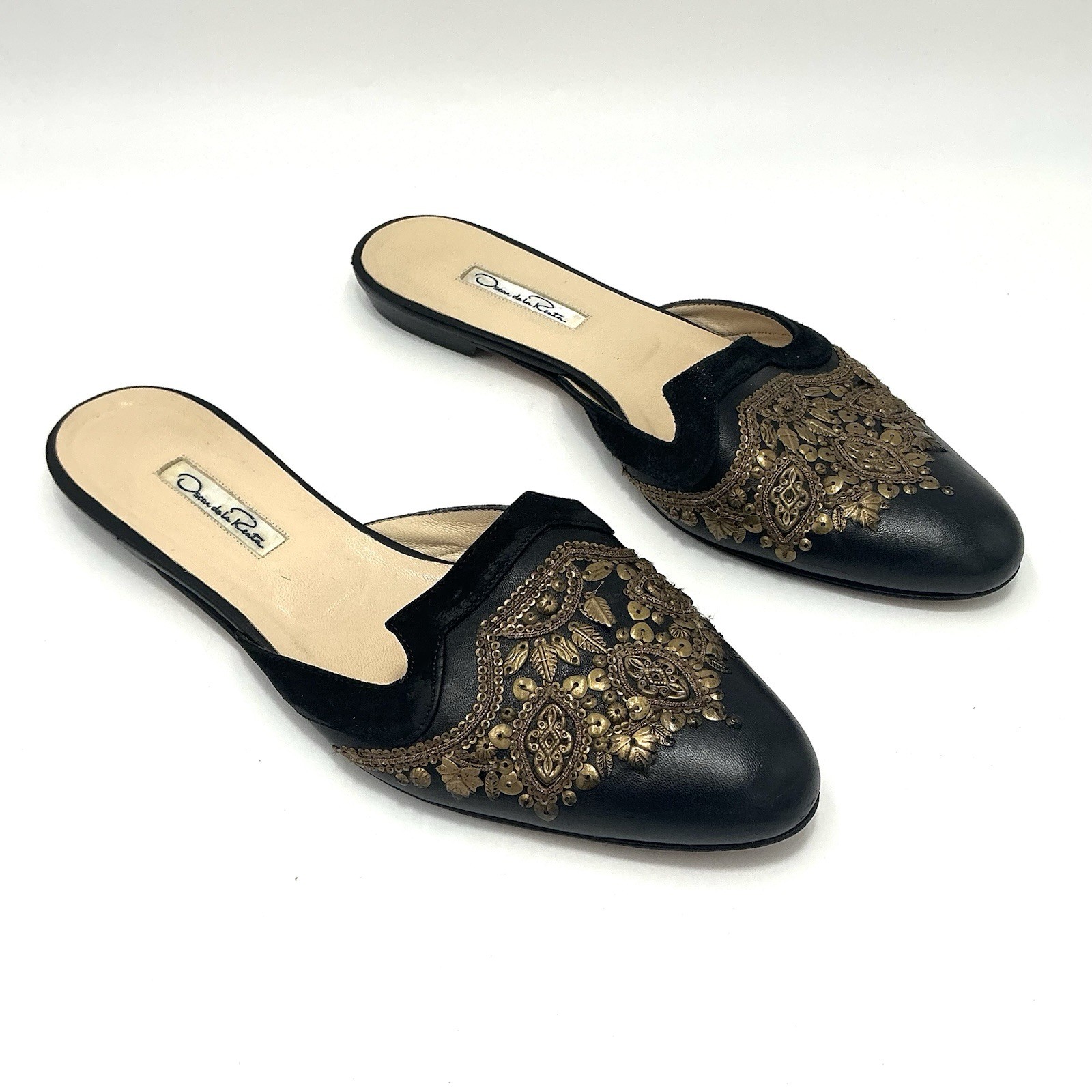 Oscar de la Renta Black Leather Embellished Mules Slip-on Flats Slides Size 9 US