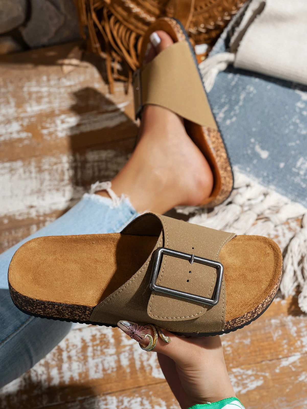 Womens Double Strap Cork Sandals Adjust Buckle Footbed Slides Large Size Wide