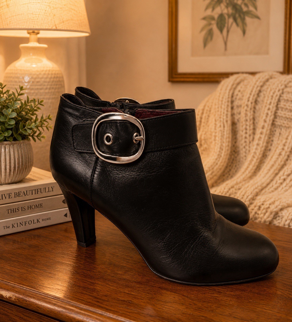 Coach Black Leather Nicolete Silver Tone Buckle 3.25″ Heel Bootie Boot 7.5