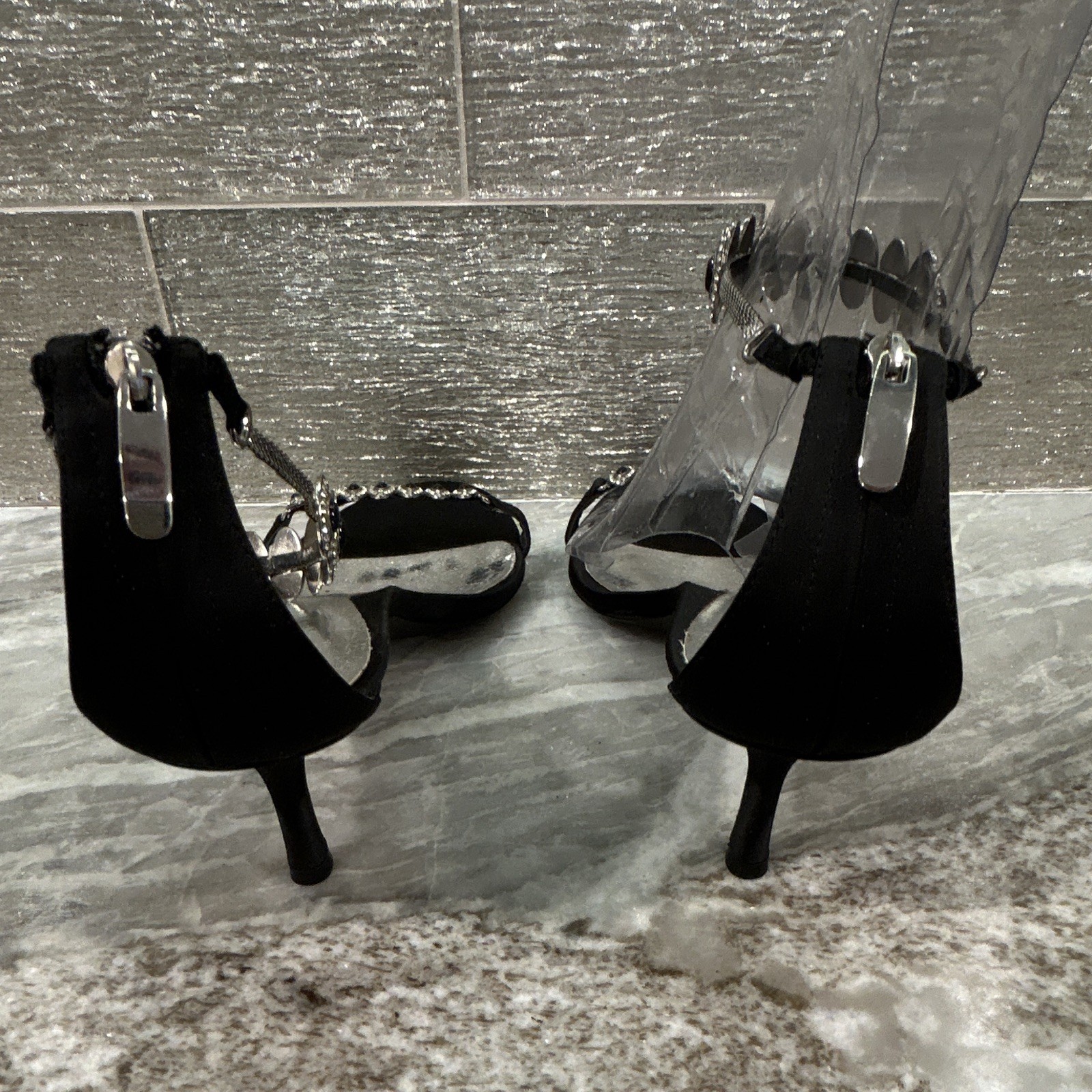 Valerie Stevens Black Satin Rhinestone Strappy Open Toe Ankle Strap Heels 9 M
