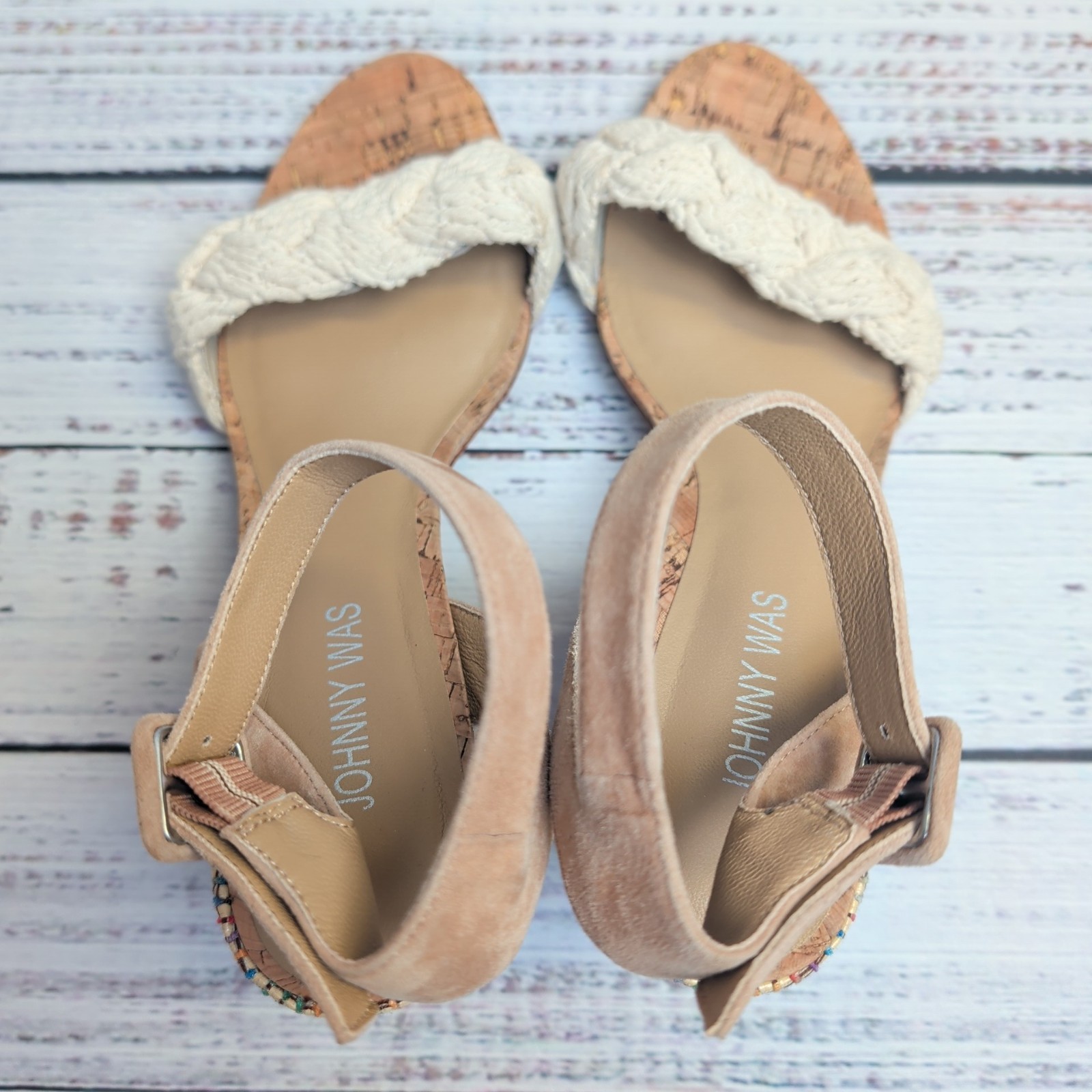 Johnny Was Women’s Braid Block Heel Multicolor Sandals Beige Suede Upper Size 8