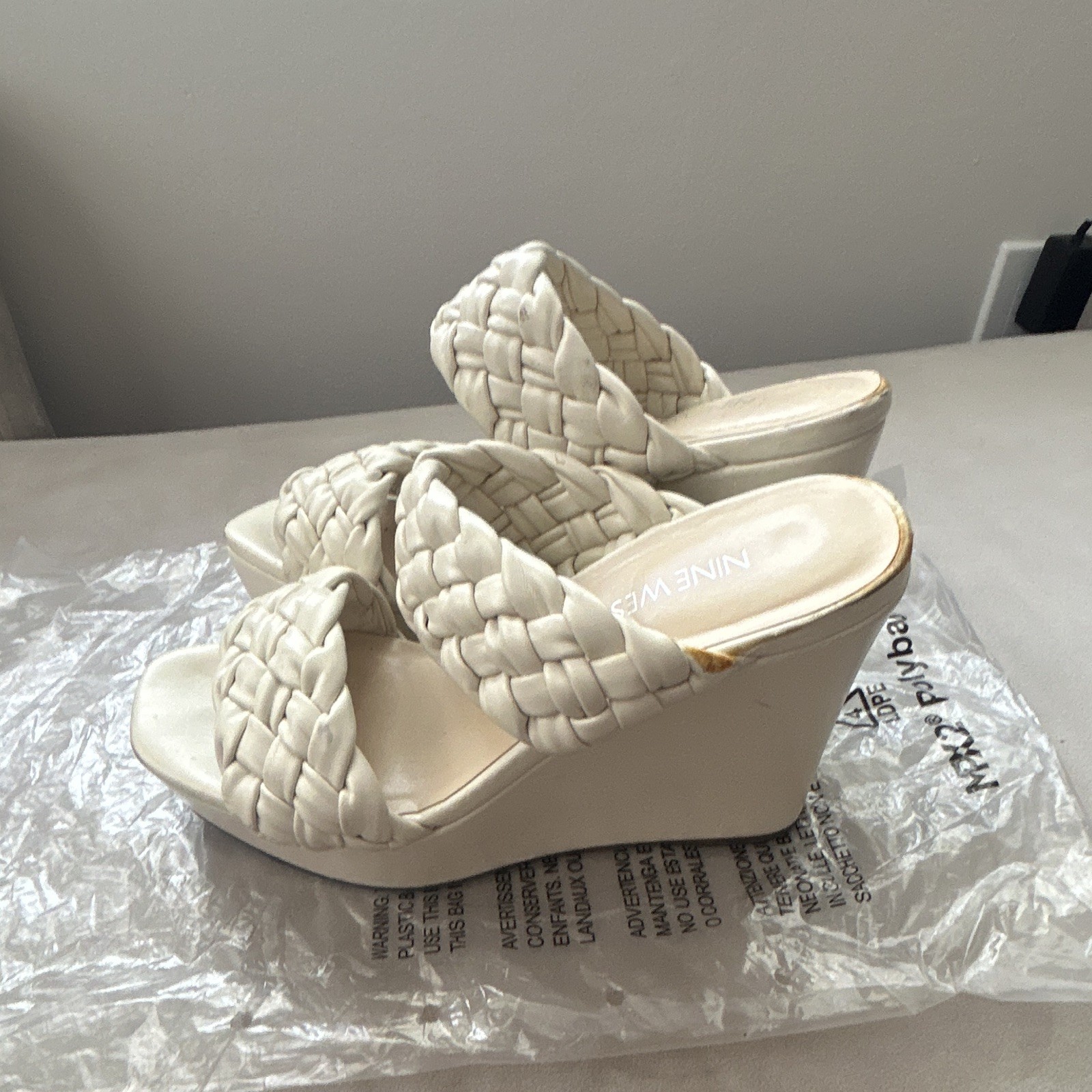Nine West Women’s Beige Leather Braided Strap Slip-On Wedge Sandals 6