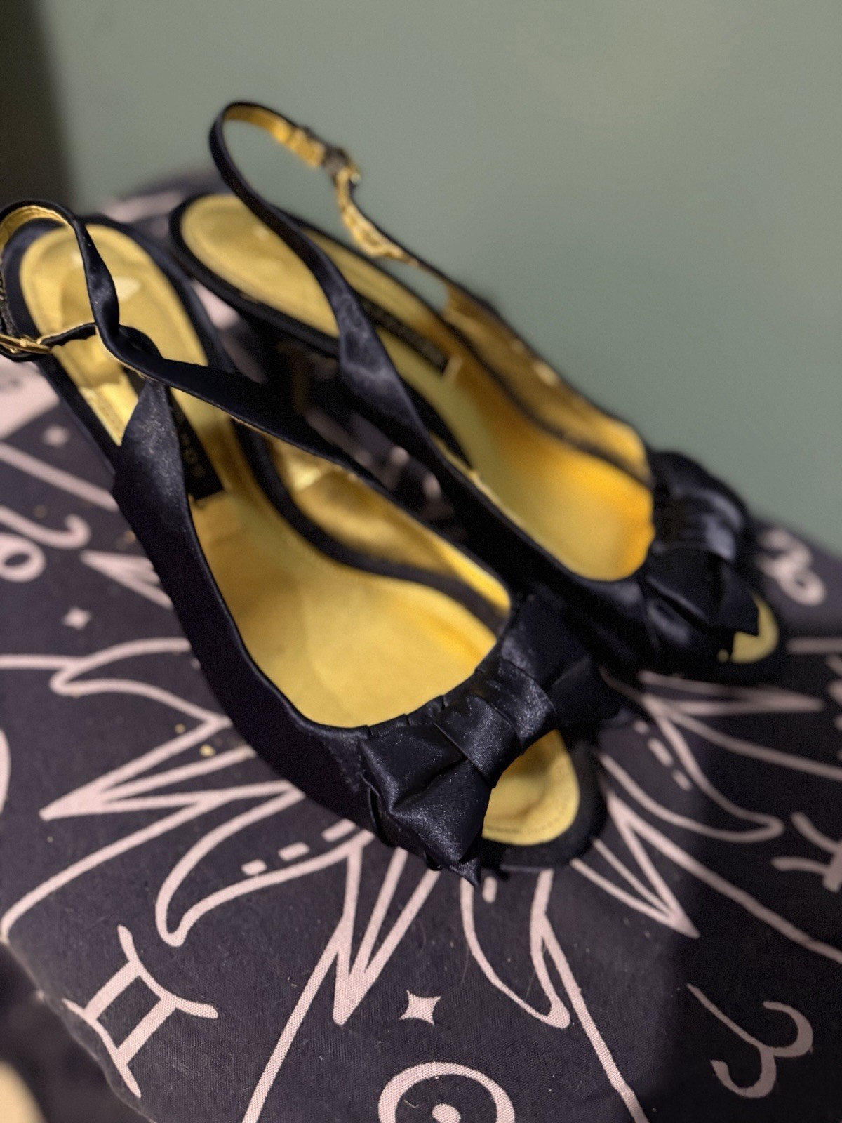 Y2K 90’s Vintage Navy Blue Satin Bow Slingback Kitten Heel Prom Dress Shoes 7.5