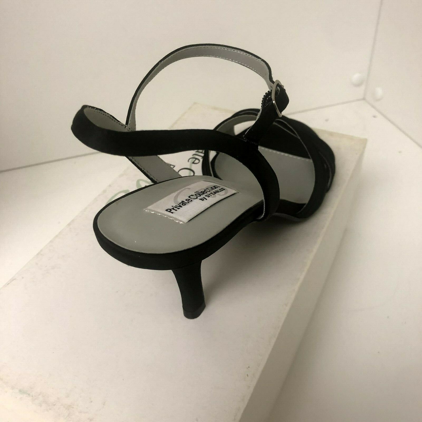 Dyeables Womens Natalie Sandal Heel Black Satin Private Collection