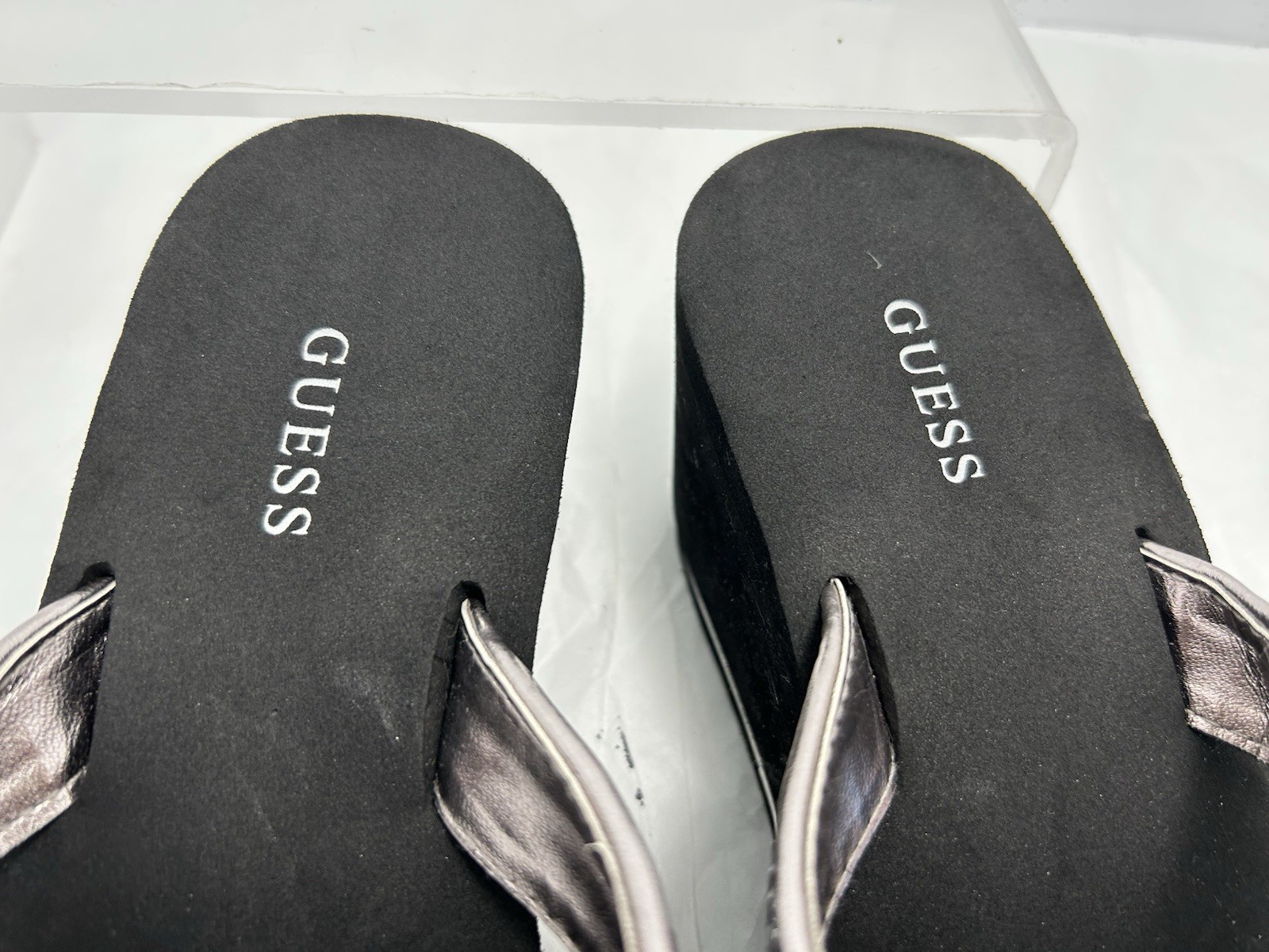 GUESS Sarraly Eva Logo Rhinestone Wedge Sandals Size 7 M Silver New #Y