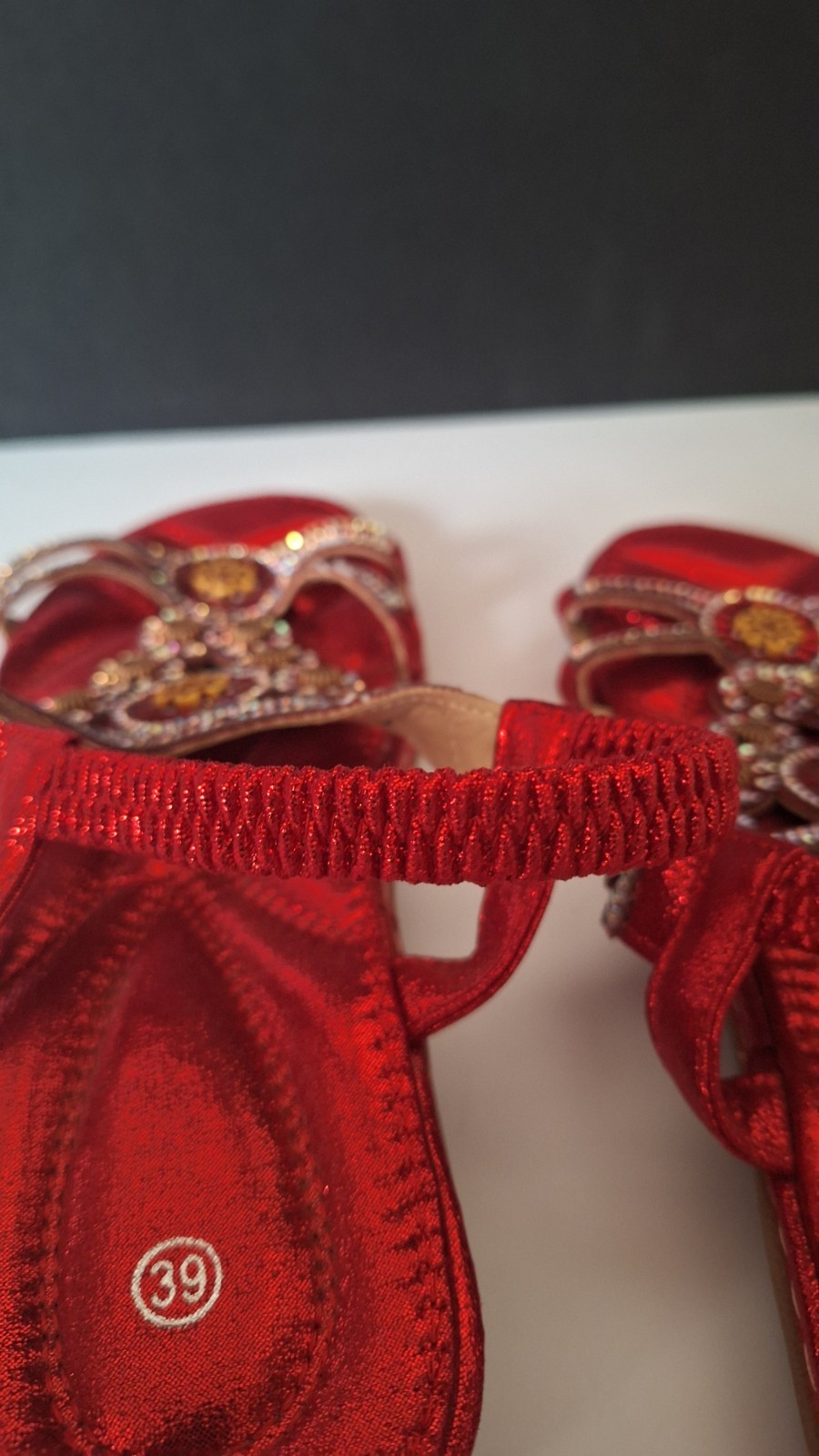 Bright Red Bohemian Styled Beaded Rhinestone Elastic Strap Flat Sandal Size 39