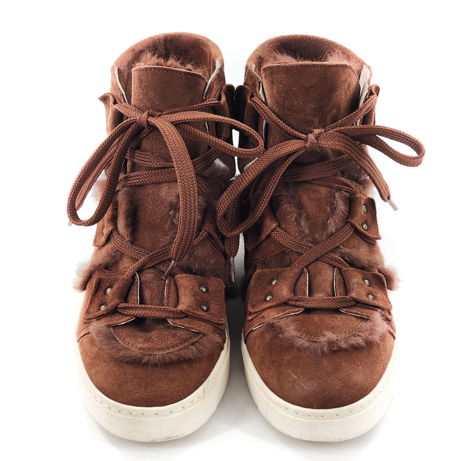 NAVYBOOT SWITZERLAND Brown Suede Lace Up High Top Sneakers Real Fur Size 37 6.5