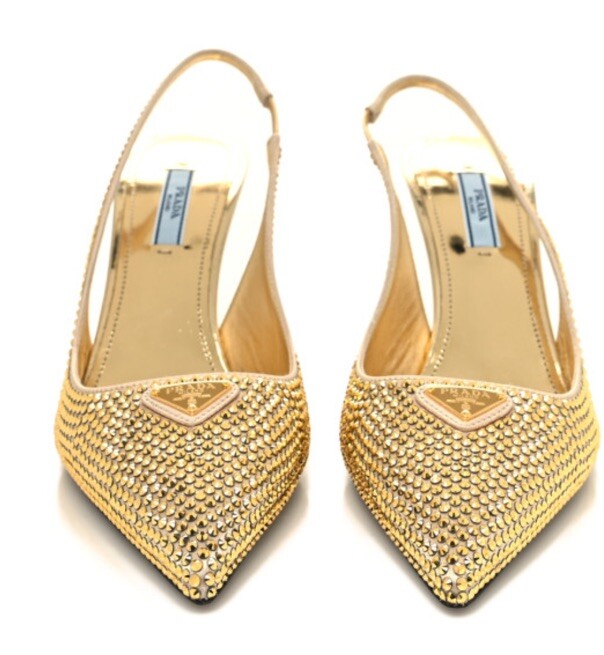 Prada Satin Crystal Triangle Logo 85mm Slingback Pumps 38 Platino Heels Shoes