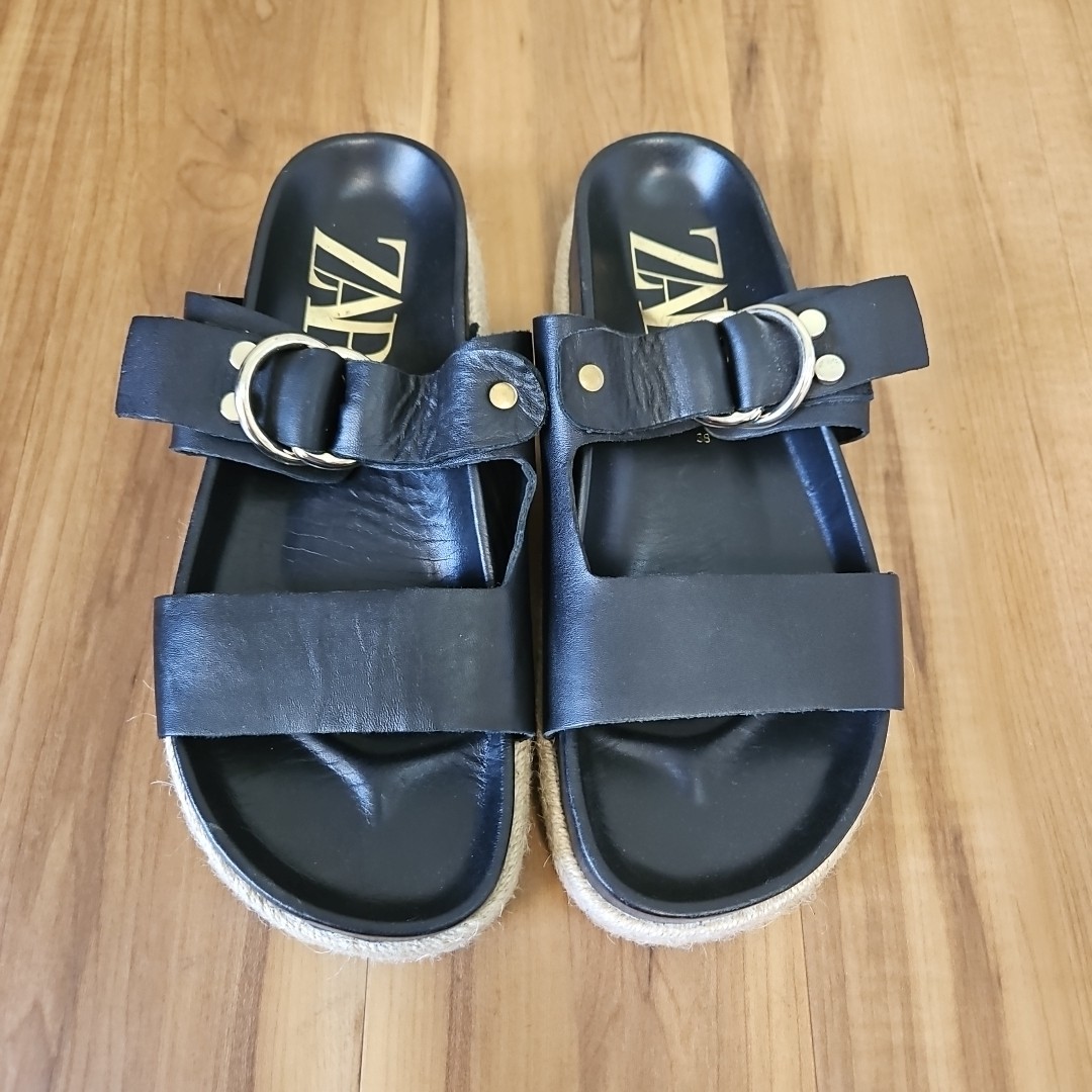 Zara 100% Leather Buckle Espadrille Flat Sandal 3519/910 Size 38 / 7.5