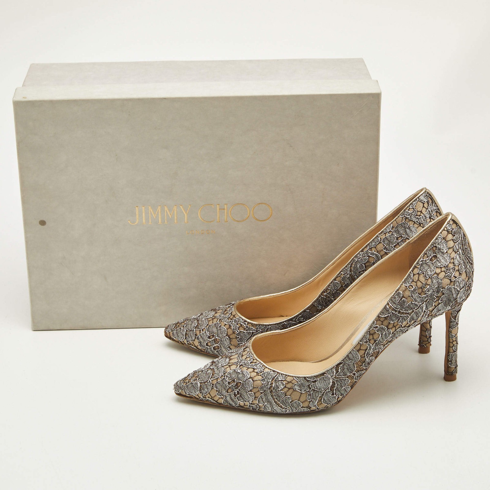 Jimmy Choo GreyBeige Lace Romy Pumps Size 385