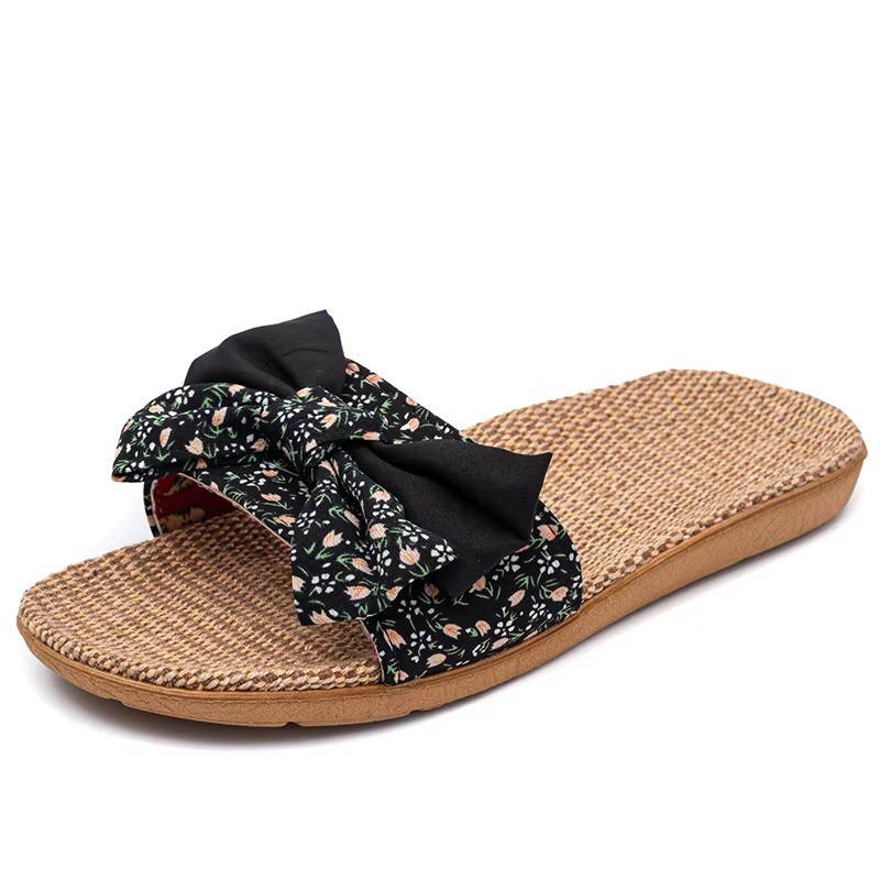 Summer Bambo Slippers, Breathable Rattan & Linen, Non Slippery Sole, Black