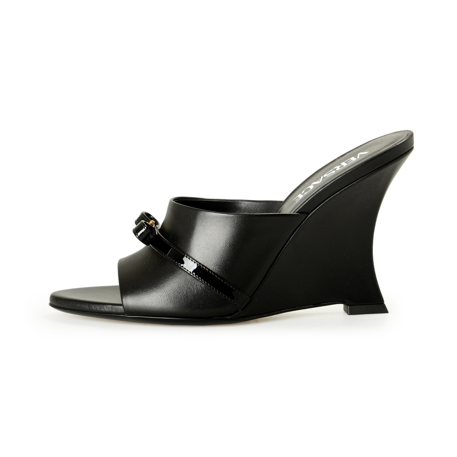 Versace Women’s Black Leather Gold Medusa Heeled Sandals Mules Shoes US 6 IT 36