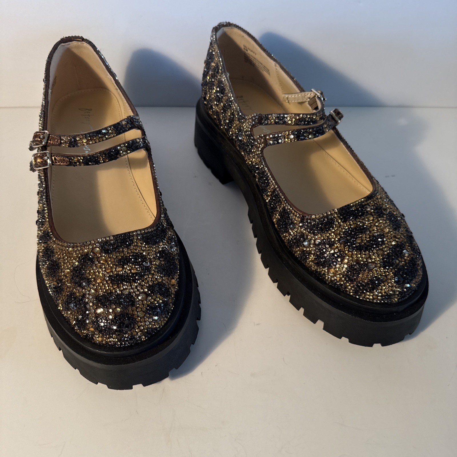 Betsey Johnson Duffy Rhinestone Leopard Print Lug Mary Jane’s Women Size: 8