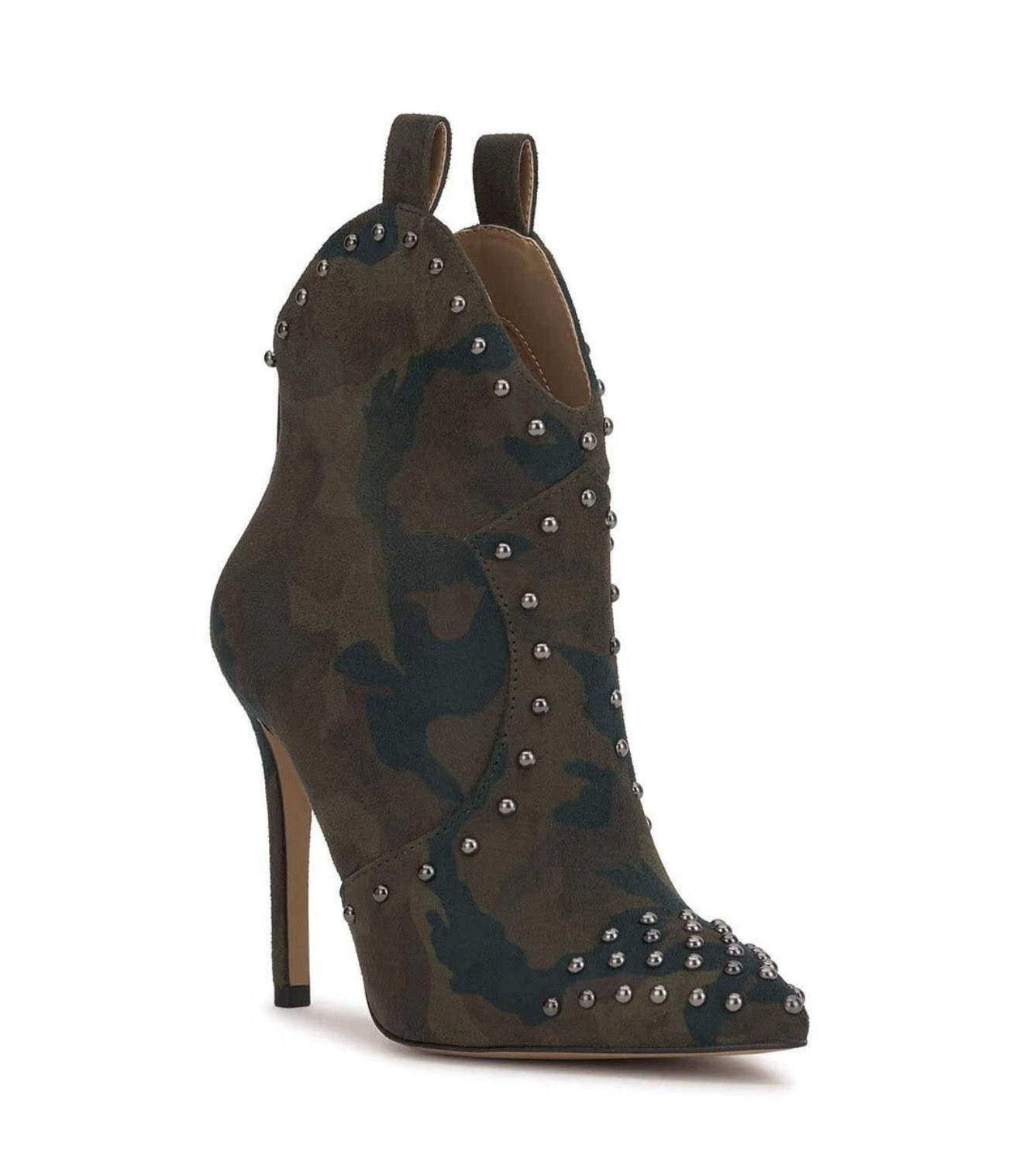 Jessica Simpson Pixillez Camo Studded Suede Pointed Toe Ankle Bootie Zip 7.5