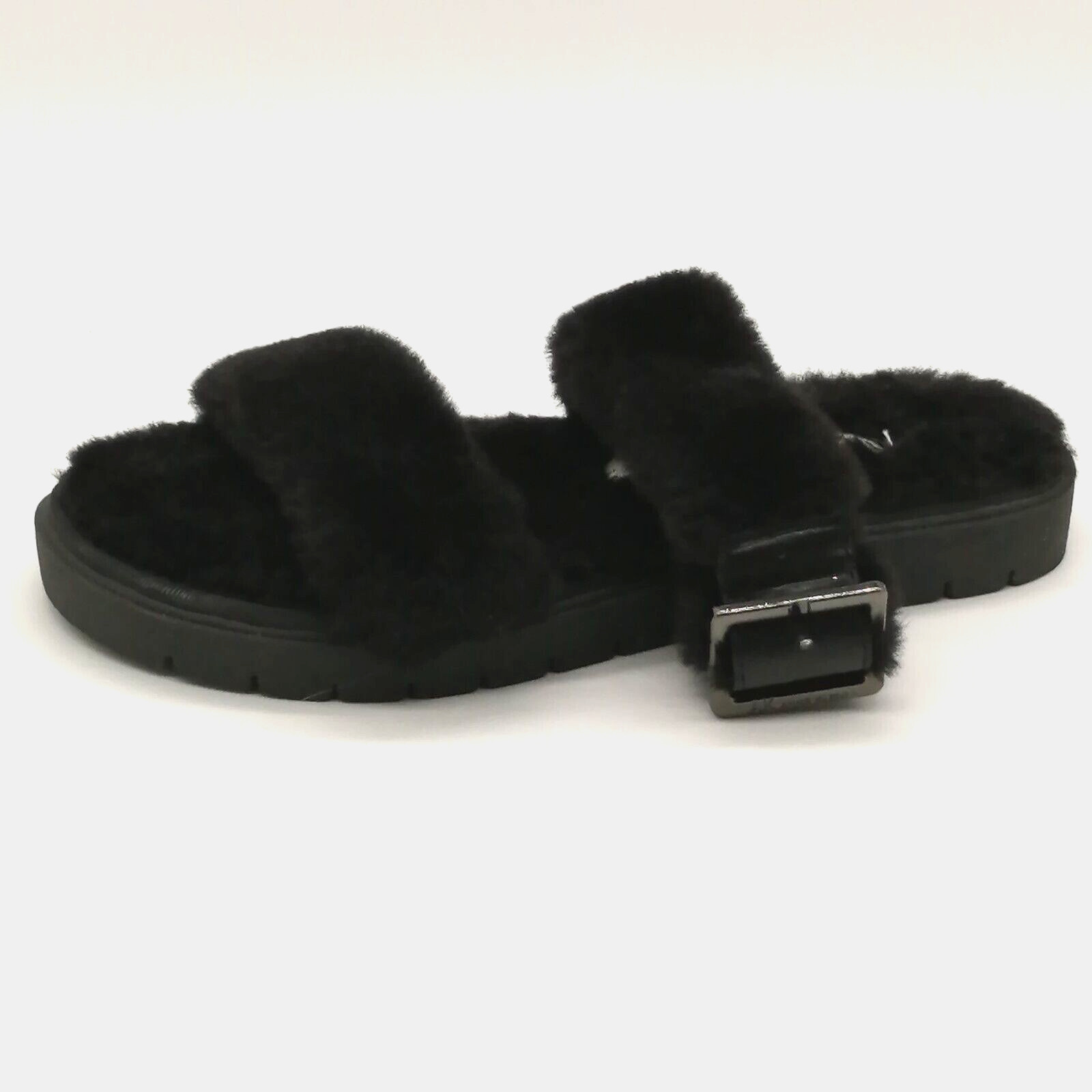 Anne Klein Womens Sandals Skyler Black Faux Fur Straps Buckle Slide Flat Heel 7