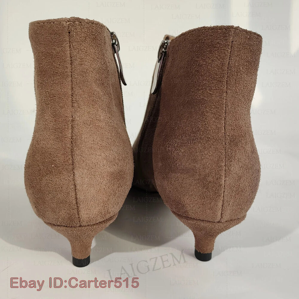 Women Ankle Boots Suede Pointed Toe Side Zip 3.5CM Kitten Heels Short Booties Ha