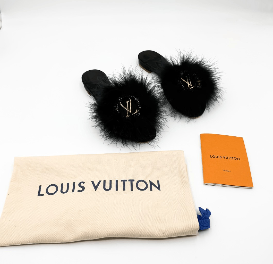 Louis Vuitton Black Fur Slide Sandals LV Logo Mink Feather Crystal Mule Slides 3