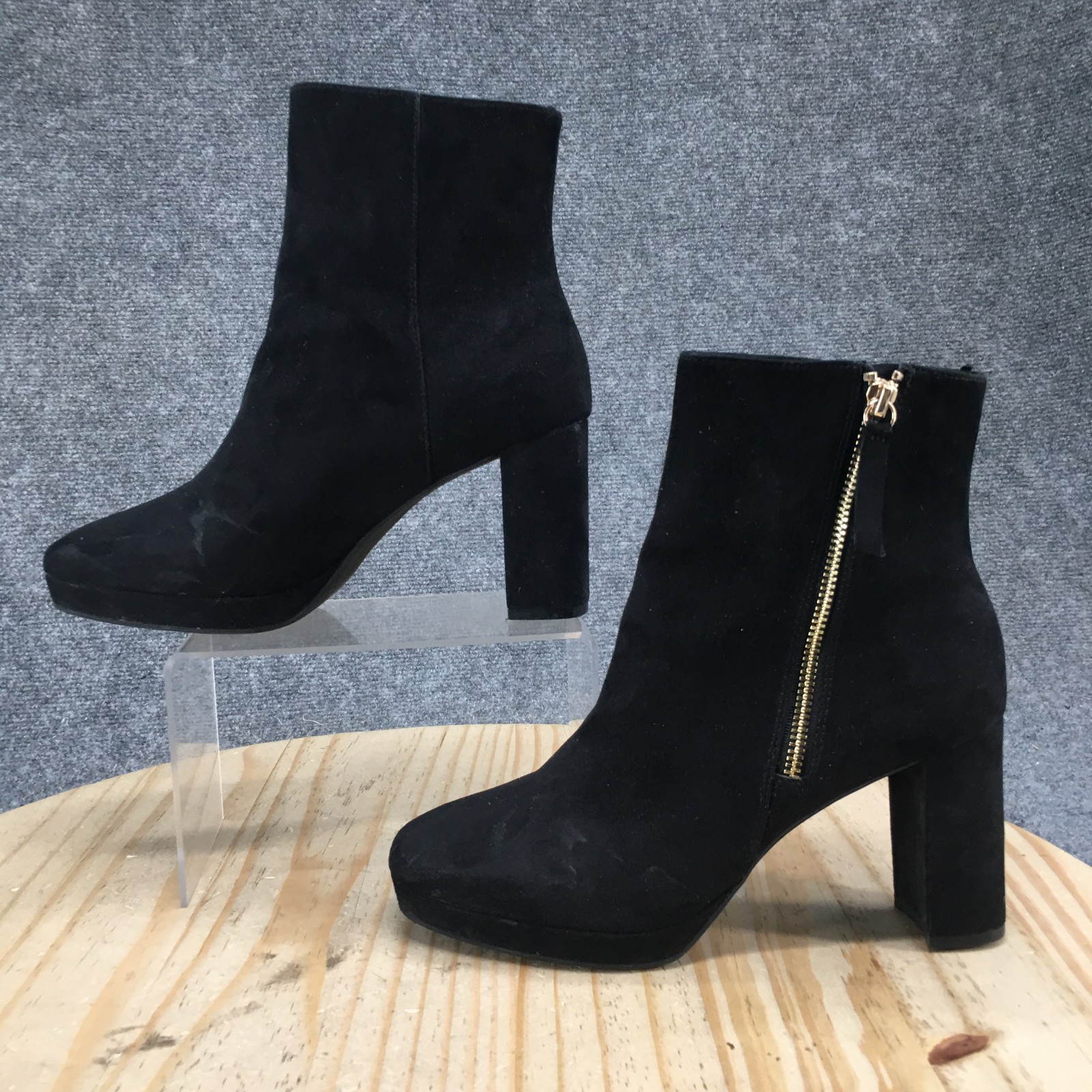 H&M Boots Womens 8.5 Black Ankle Booties Womens 9 Faux Suede Block Heels Zip