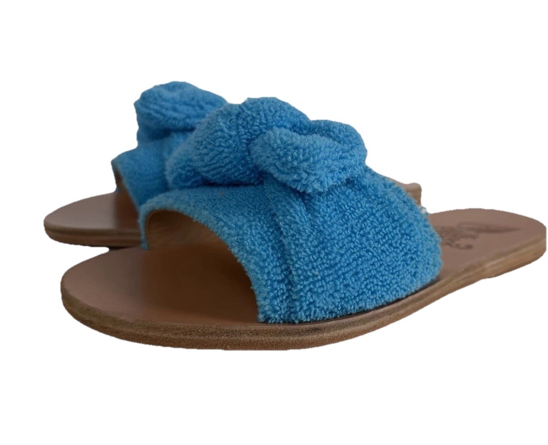Ancient Greek Sandals Blue Terry Cloth Bow Slide Sandals EU 37 NWOB Dust Bag