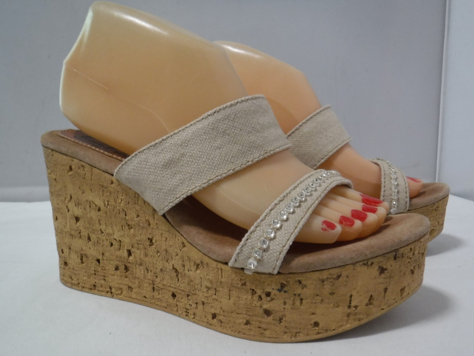 PF2 SBICCA Vintage Collection Cork Platform Beige Canvas Wedge Heel Sandals 8 39