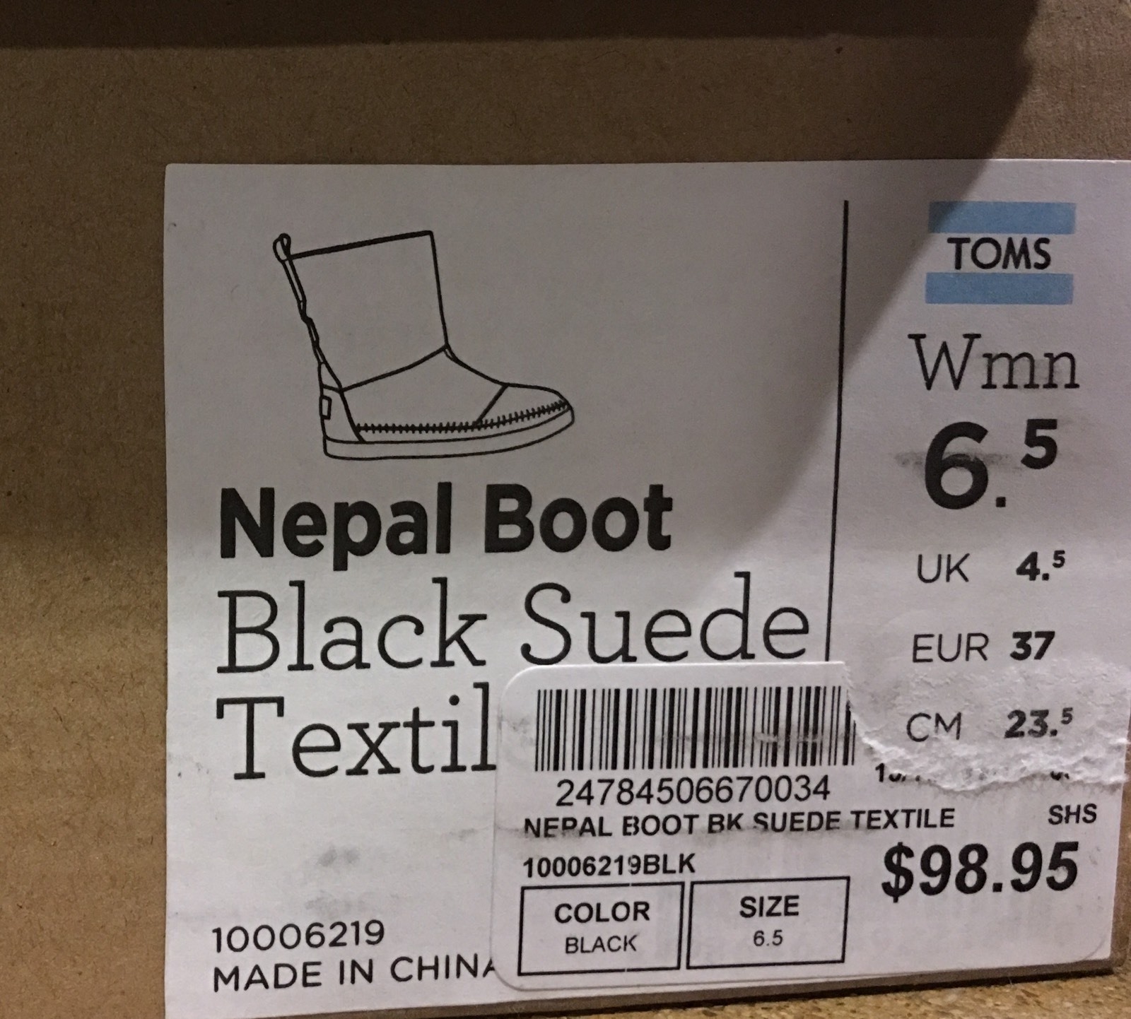 Toms Nepal Boots Size 6.5 US Women’s Black Suede Textile Mix Faux Fur Lined $99