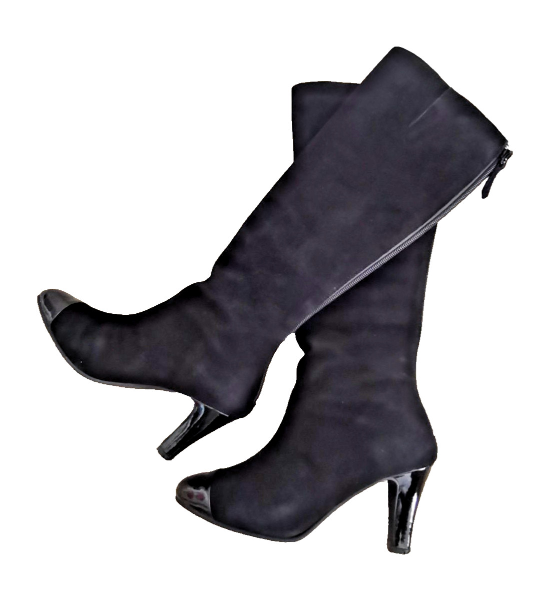 Black Knee High Boots Suede Patent Cap Toe Mid Heel Zip Up Elegant Formal