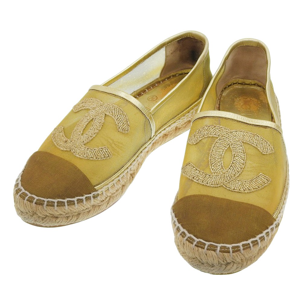 CHANEL COCO Mark Mesh Espadrille Sandals Shoes 8.5″» Gold Women USED