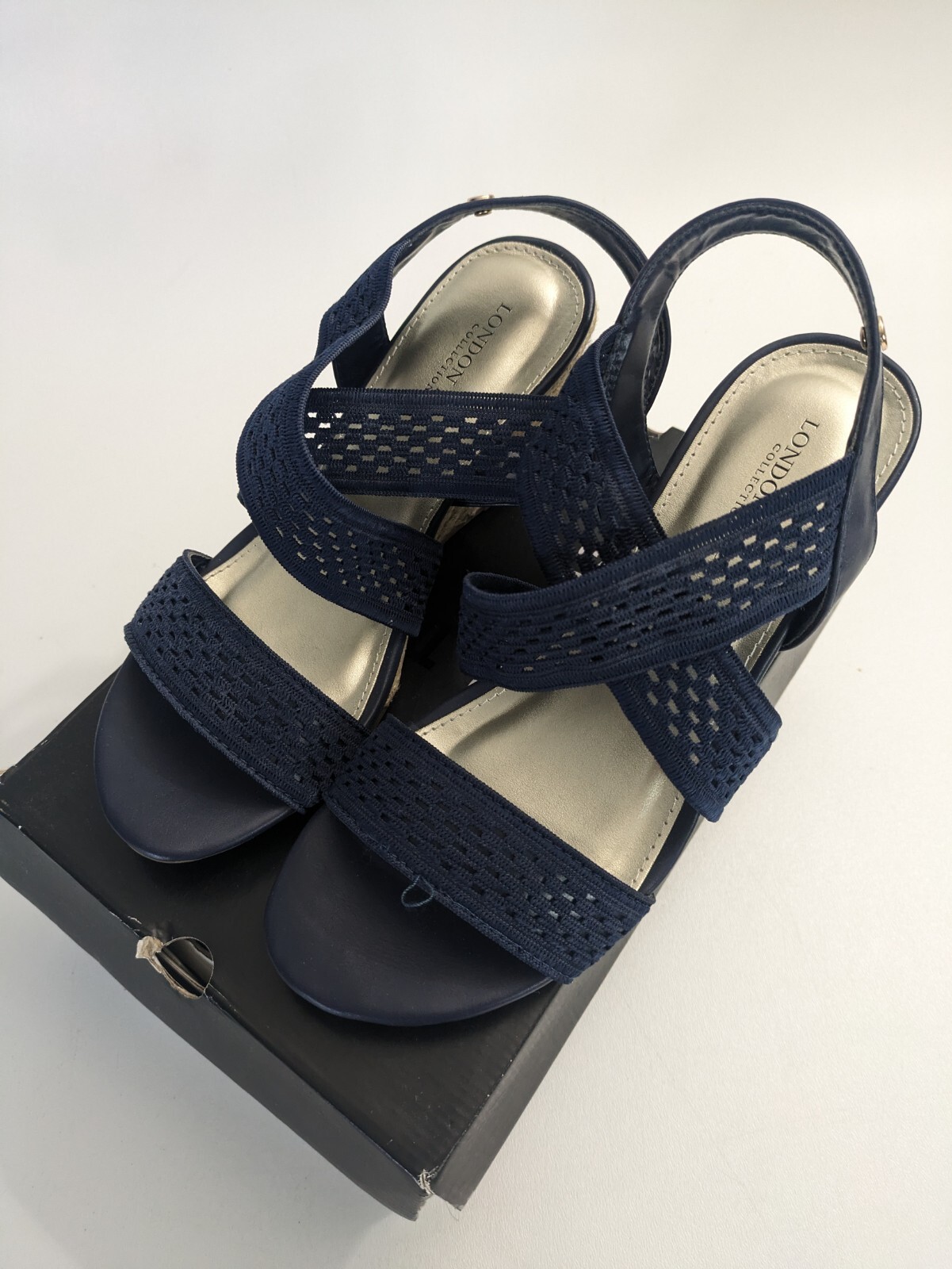 LONDON FOG Womens Pickwick Open Toe Espadrille Stretch Wedge Sandals Navy 8.5