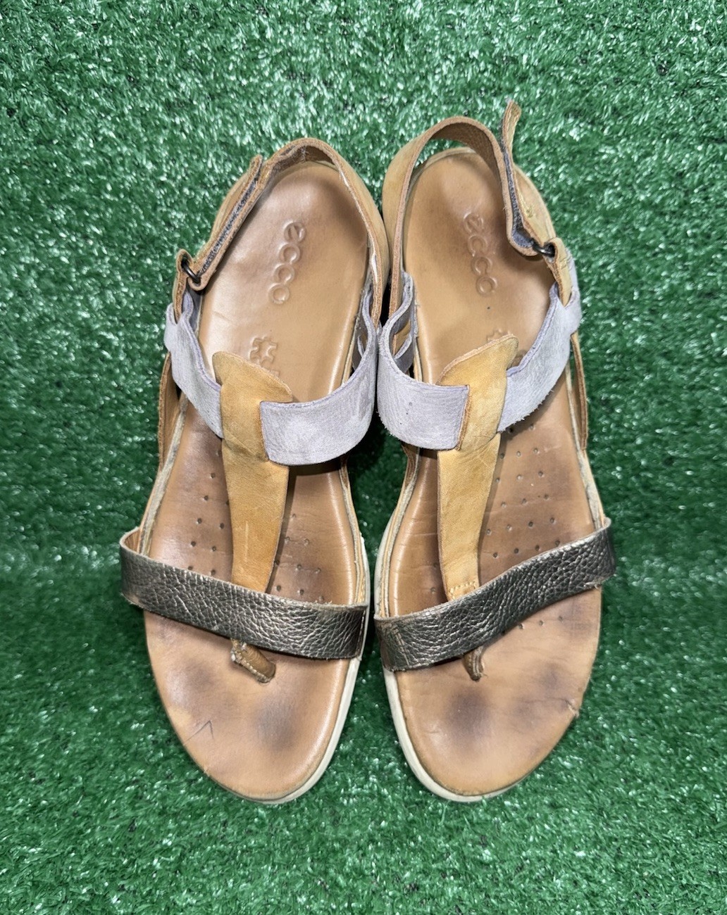 ECCO T Strap Flash Sandals Flats Womens Size 9 US EU 40 Brown Beige Tan Comfort