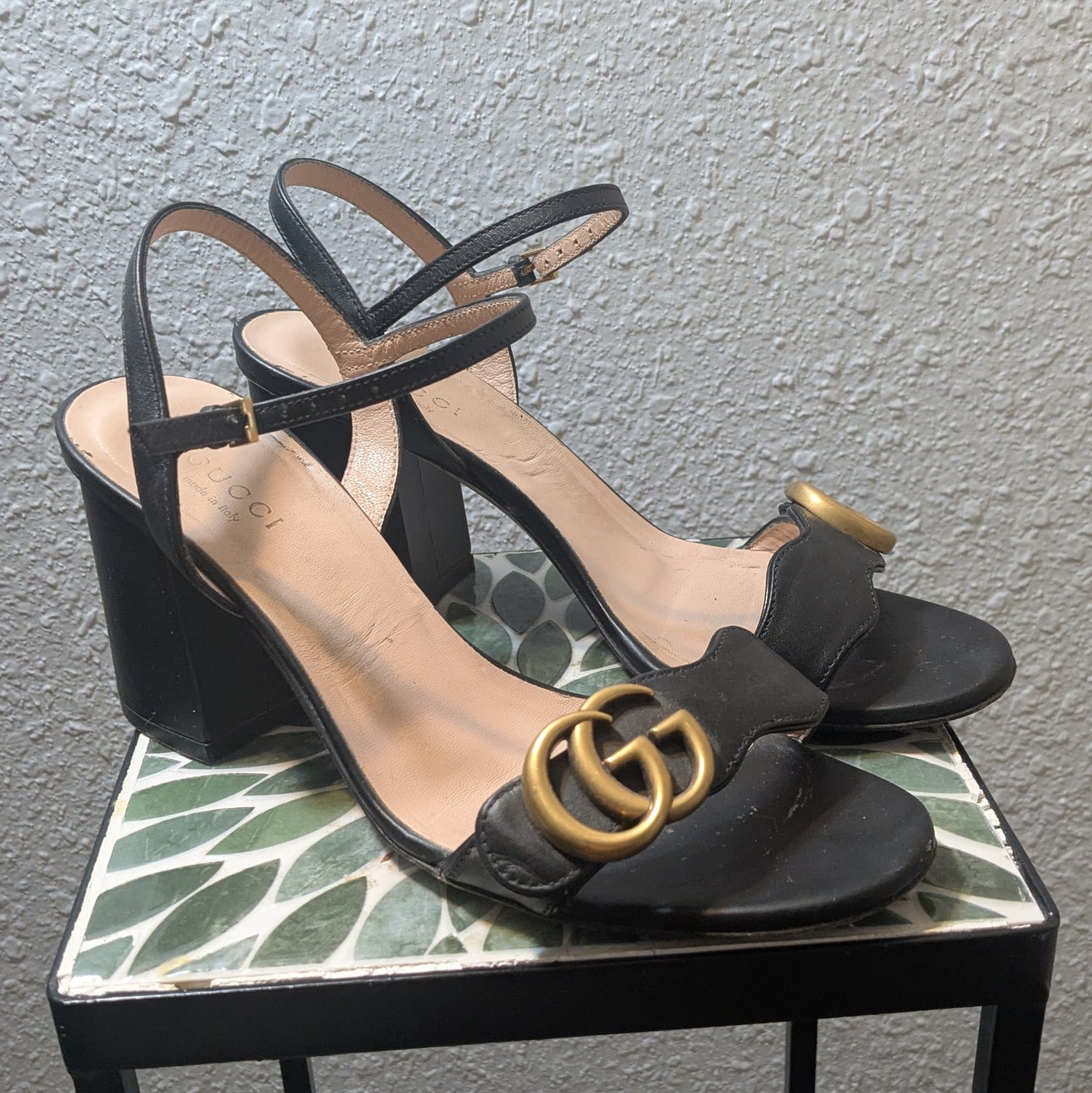 Pre-Owned Gucci Marmont GG Black Leather Mid Heels Size US 6.5 EU 36.5