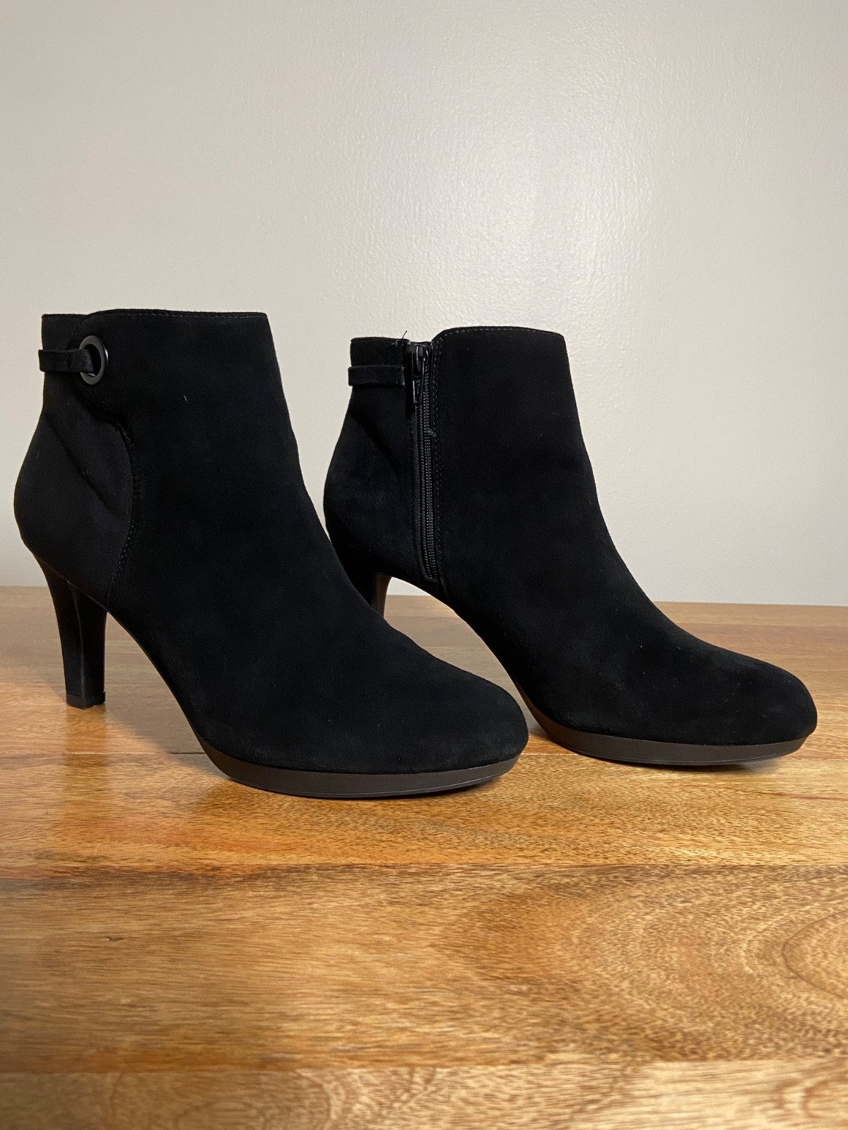 Black Suede Ankle Boots for Women. Clarks. US Size 9.5. 3 1/4 Inch Heel.
