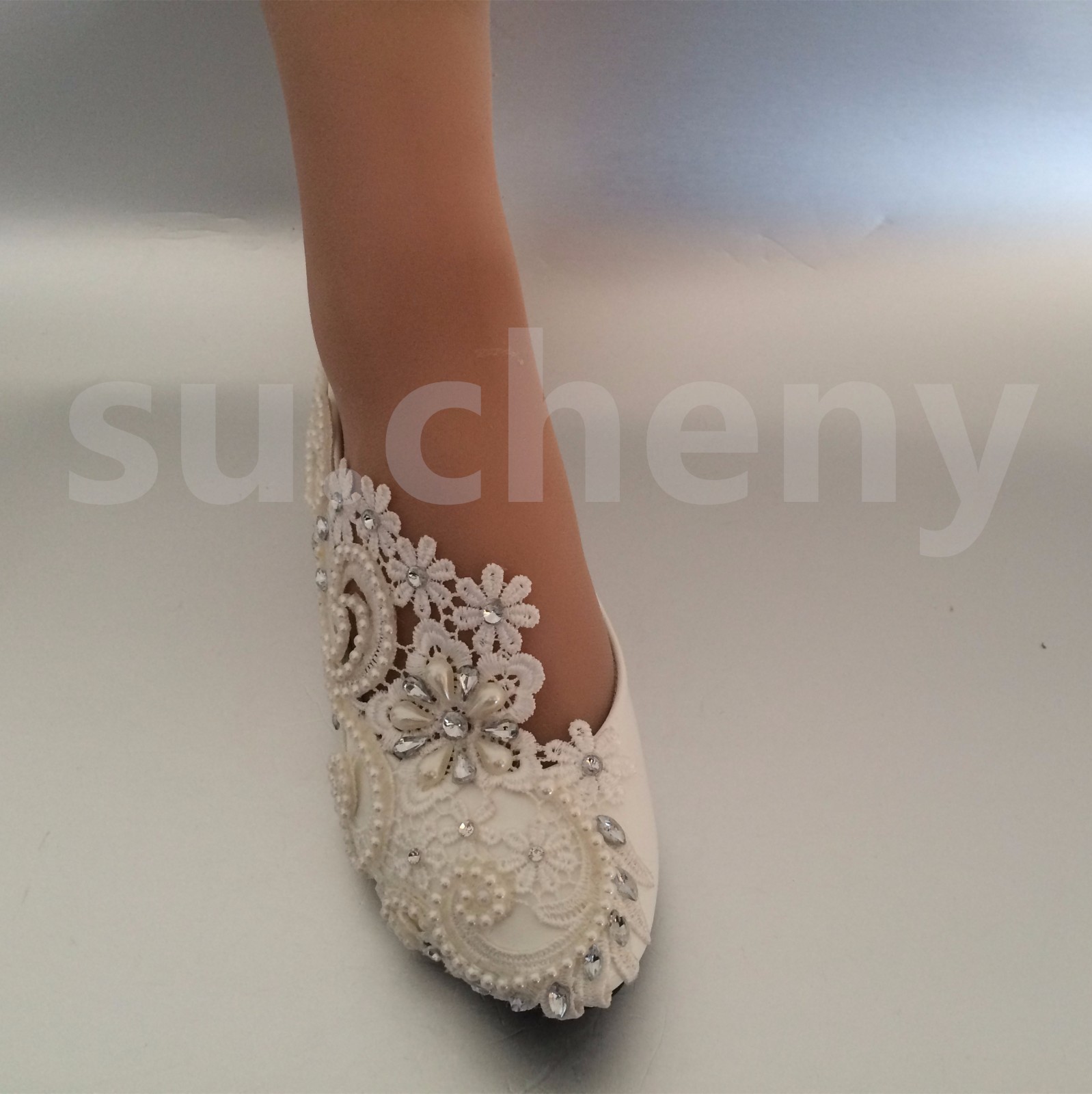 su.cheny White ivory pearls rhinestones lace flat Wedding shoes Bridal size 5-13