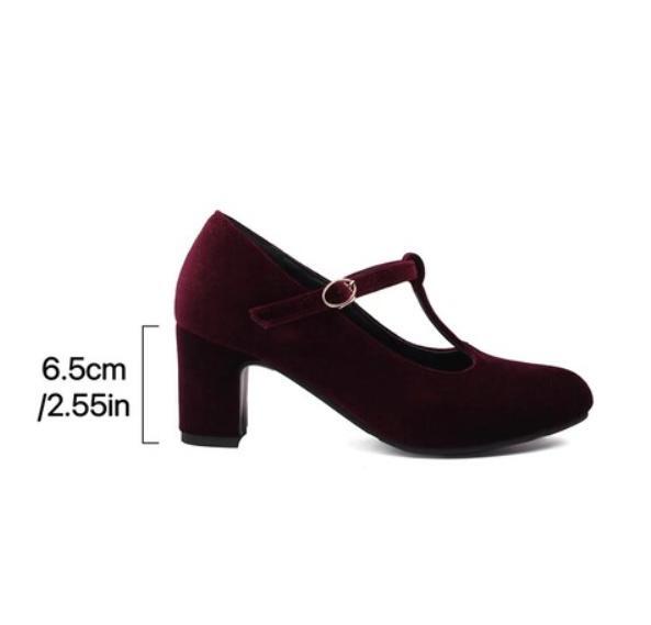 Women’s Mary Jane Work Shoes Mid Block Heel Velvet T Strap Dress Shoes Plus Size