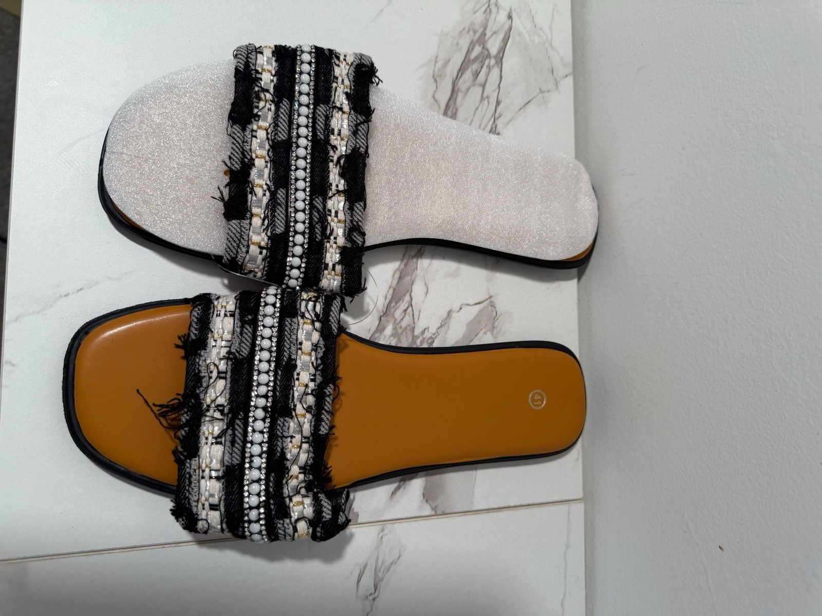 Women’s Black/White Striped Textile Slide Sandals Slip-On Fringe Straps US10