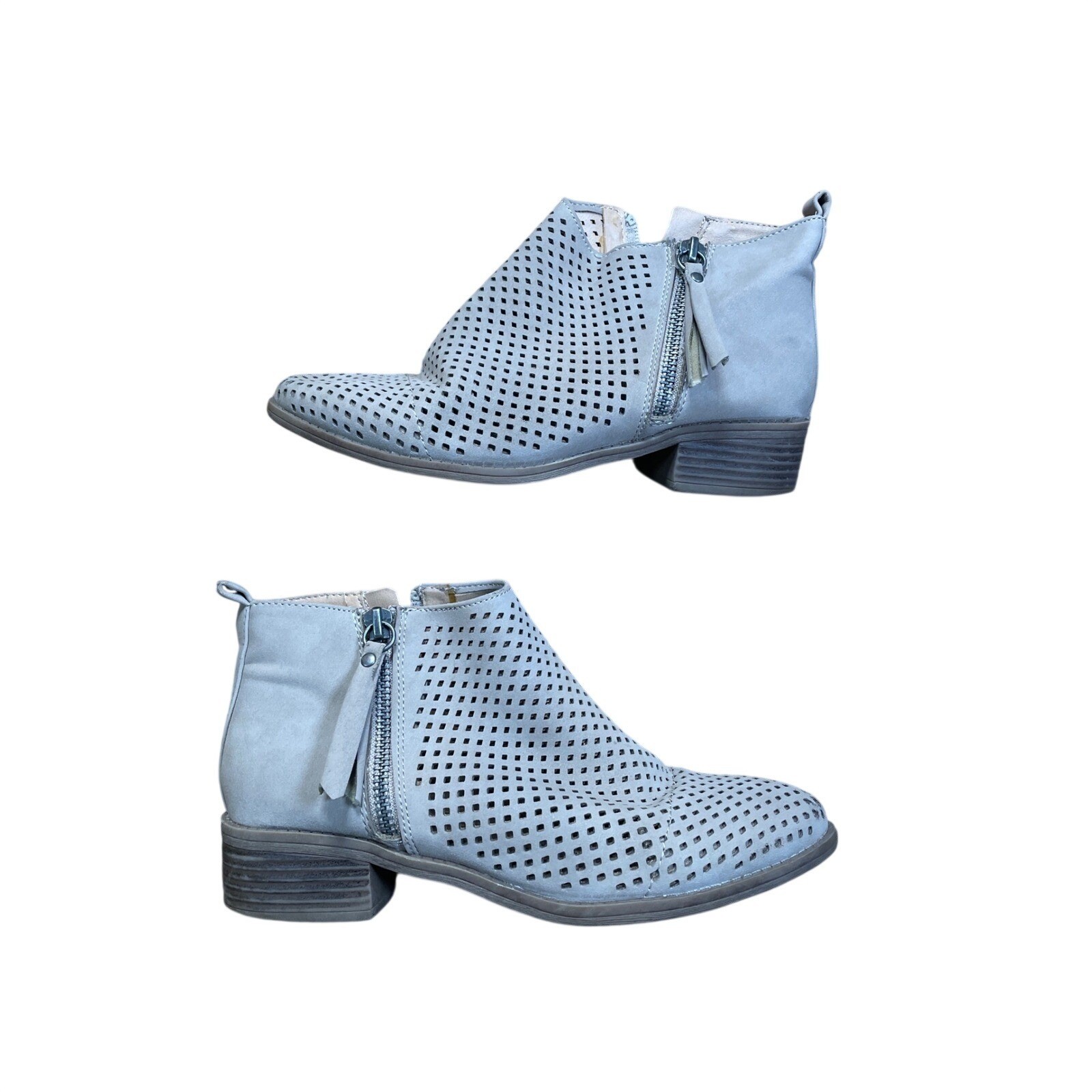 Womens Gray Perforated Ankle Boots Side Zip Tassel Block Heel Women Size 6
