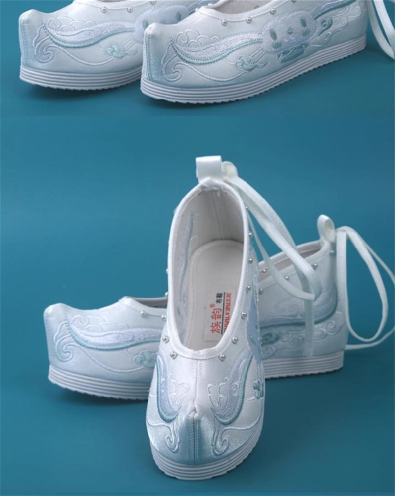 Women’s Beaded Hanfu Shoes, Antique Embroidered Shoes, Slope-Heeled Shoes