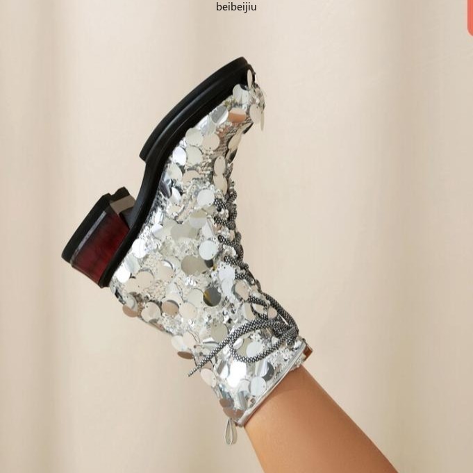 Bling Bling Sequins Ankle Boots Low Cuban Heel Round Toe Women’s Lace Up Shoes