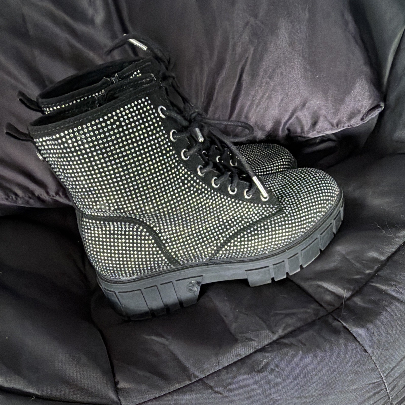 Madden Women’s Combat Ankle Boots Faux Leather Lace-Up Studded Black/Silver 9
