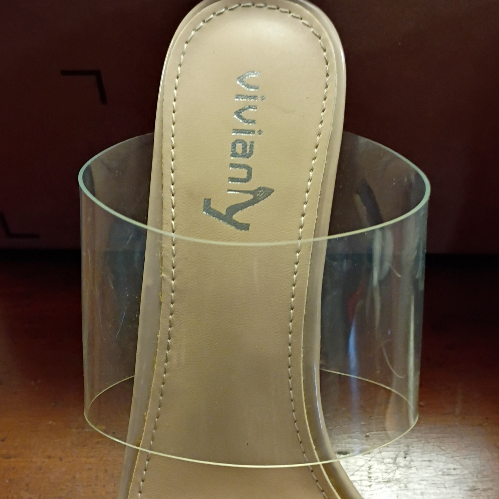 Viviany Beige Clear Transparent Strap Stiletto Mule Pointed Toe Heels Size 9