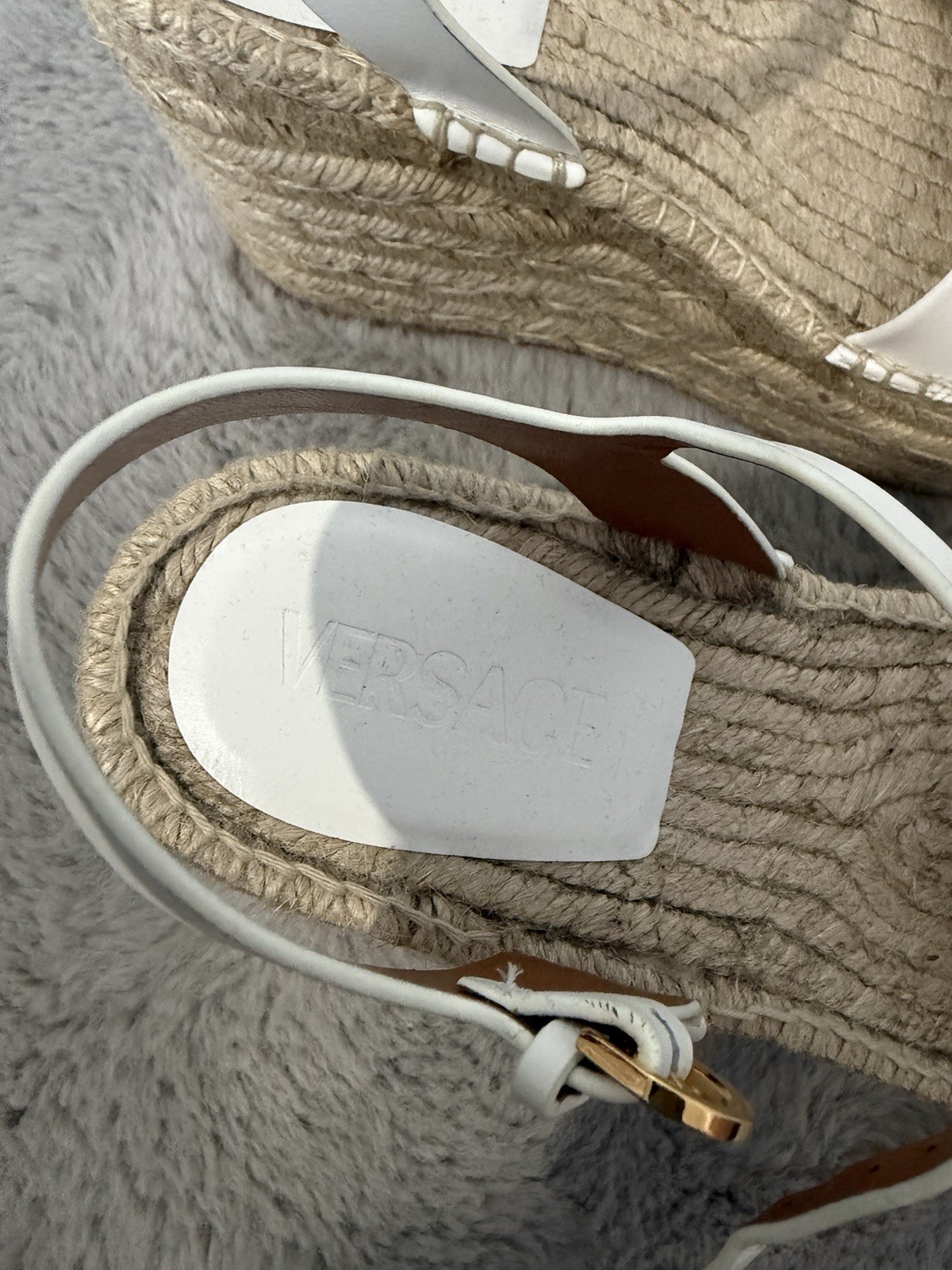 Versace White Leather Espadrille Wedge Sandals Gold Logo Adjustable Strap 39