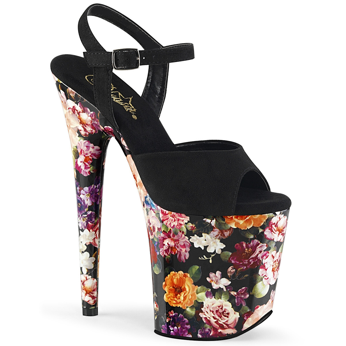 PLEASER FLAMINGO-809WR Black Suede Flowers 8″ Heel Platform Ankle Strap Sandal