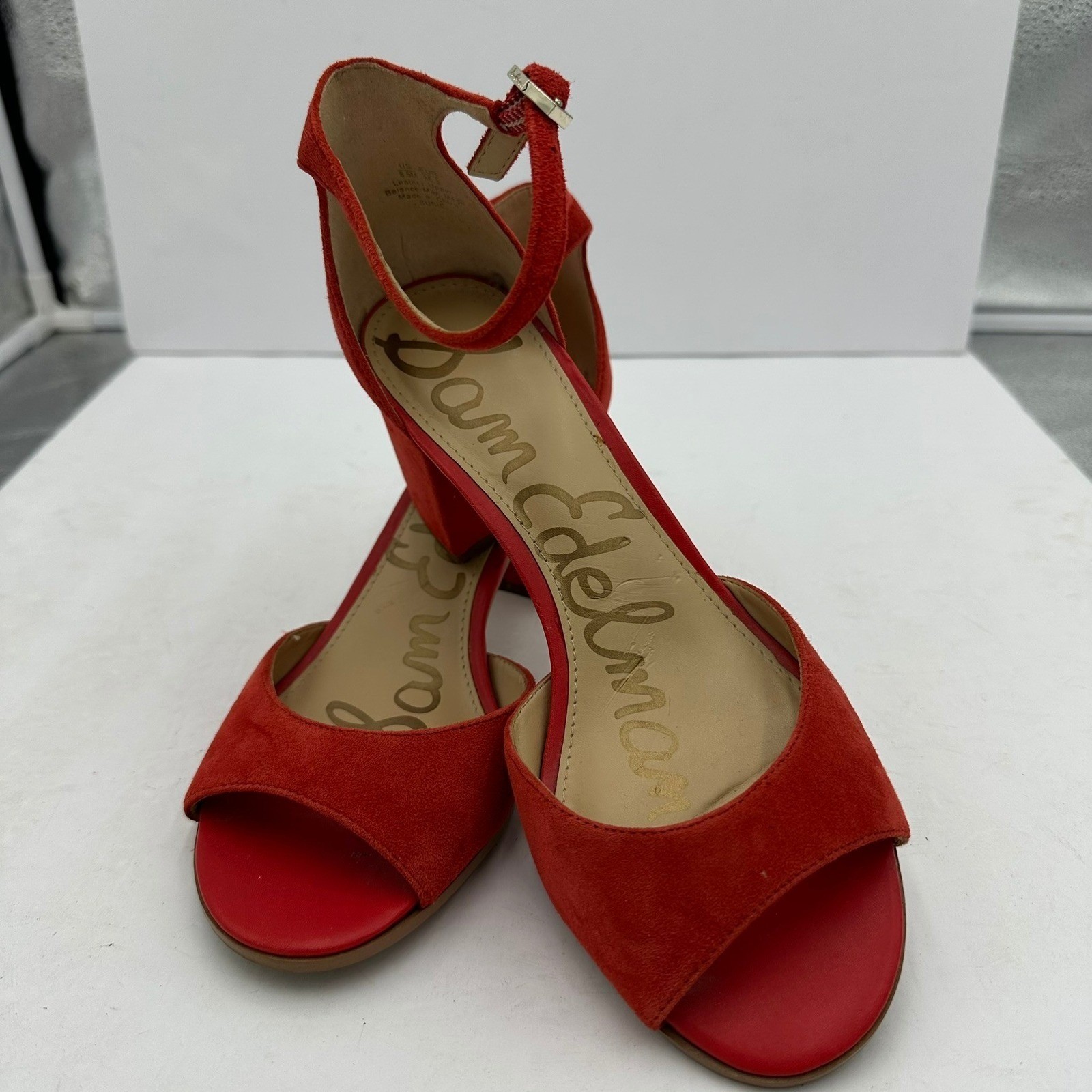 Sam Edelman Yaro Suede Ankle Strap Block Heels Sandals Womens Size 8.5 Coral
