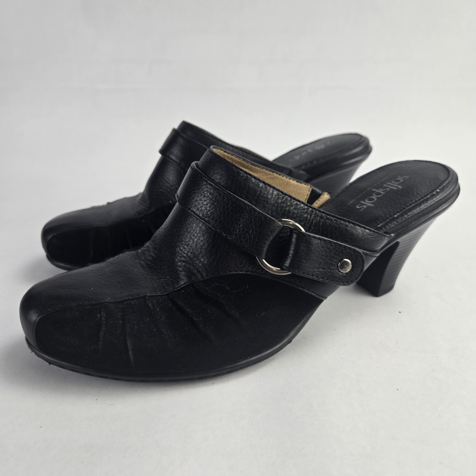 Softspots Slip On Mules Women’s 8M Black Suede/Leather Shoes 2.5in Heel 735701