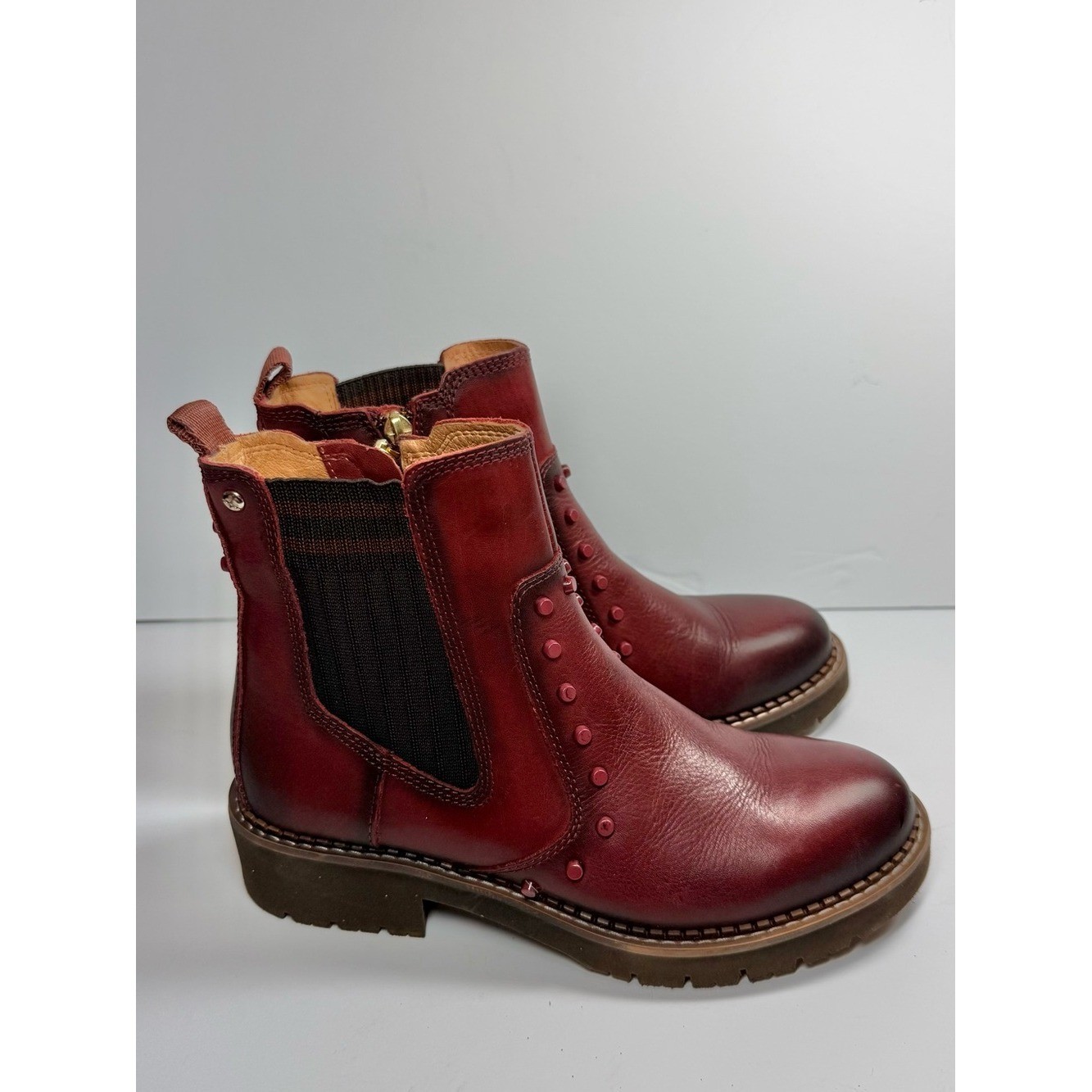 Pikolinos Women’s Burgundy Leather Chelsea Boots Stud Detail Size EU 36 US 5-6